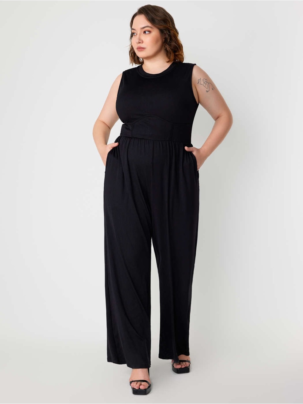 Cider Solid sleeveless wide leg ribbed jumpsuit 2X